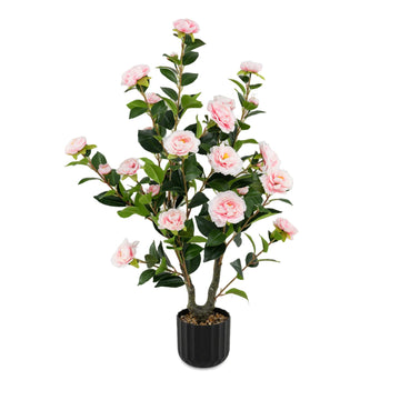 38" Artificial Camellia Tree, Faux Camellia Plant in Pot with 24 Flowers, Natural Trunk, Rain Flower Pebbles