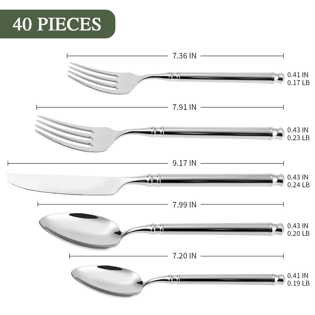 Silverware Set 18/10 Stainless Steel Vintage Flatware Set, 40-Piece Hand Forged Mirror Silver Finish Cutlery