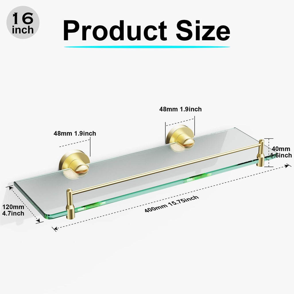 Glass Bathroom Shelves, Brushed Gold Floating Shelves for Wall Rectangular Modern Stainless Steel Glass Shelf Shelves