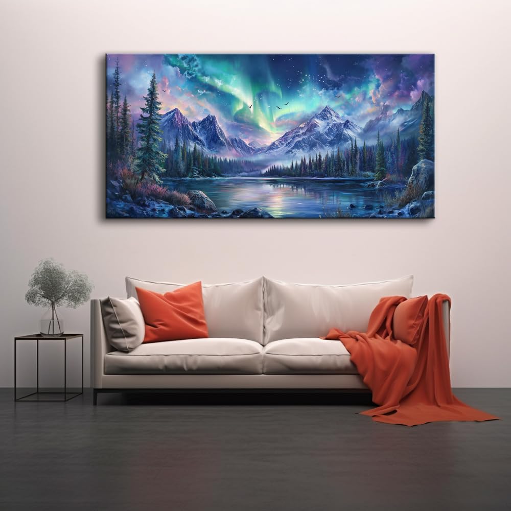 A Borealis Canvas Wall Art Northern Lights Wall Printing Farmhouse Abstract Snow Mountain Tree Forest Scenery Canvas