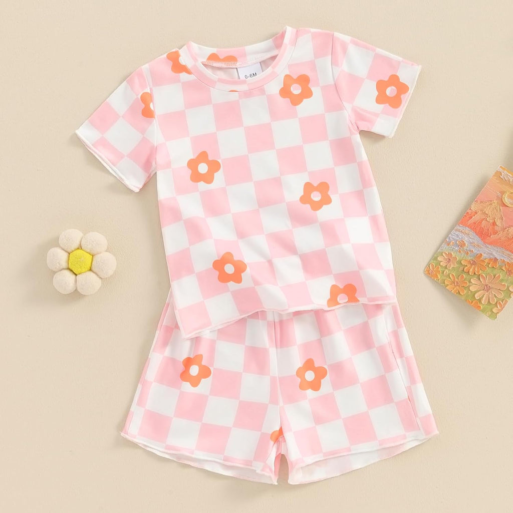 Toddler Girl Clothes Floral Plaid T-Shirt & Elastic Waistband Shorts Summer Outfits for Girls