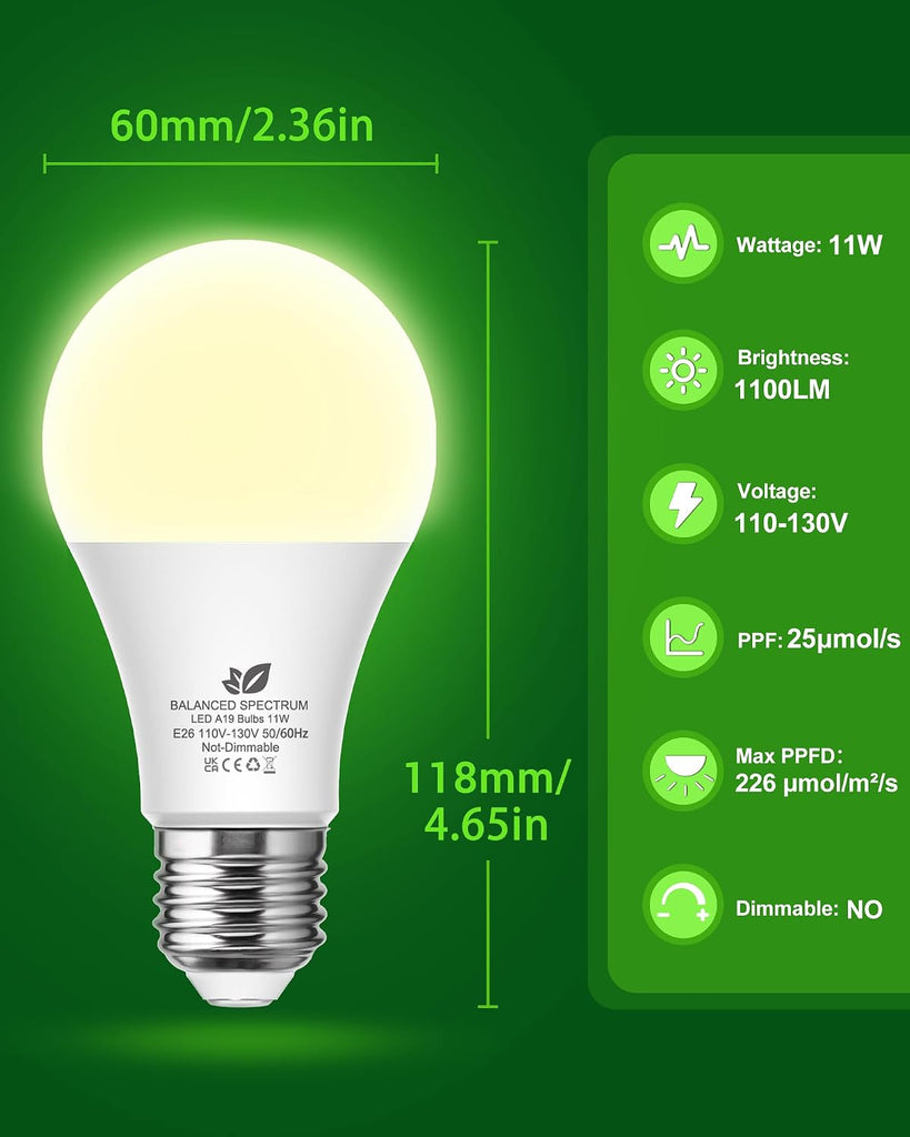 A19 11W LED Grow Bulbs E26 Base Full Spectrum Plant Light Bulb for Indoor