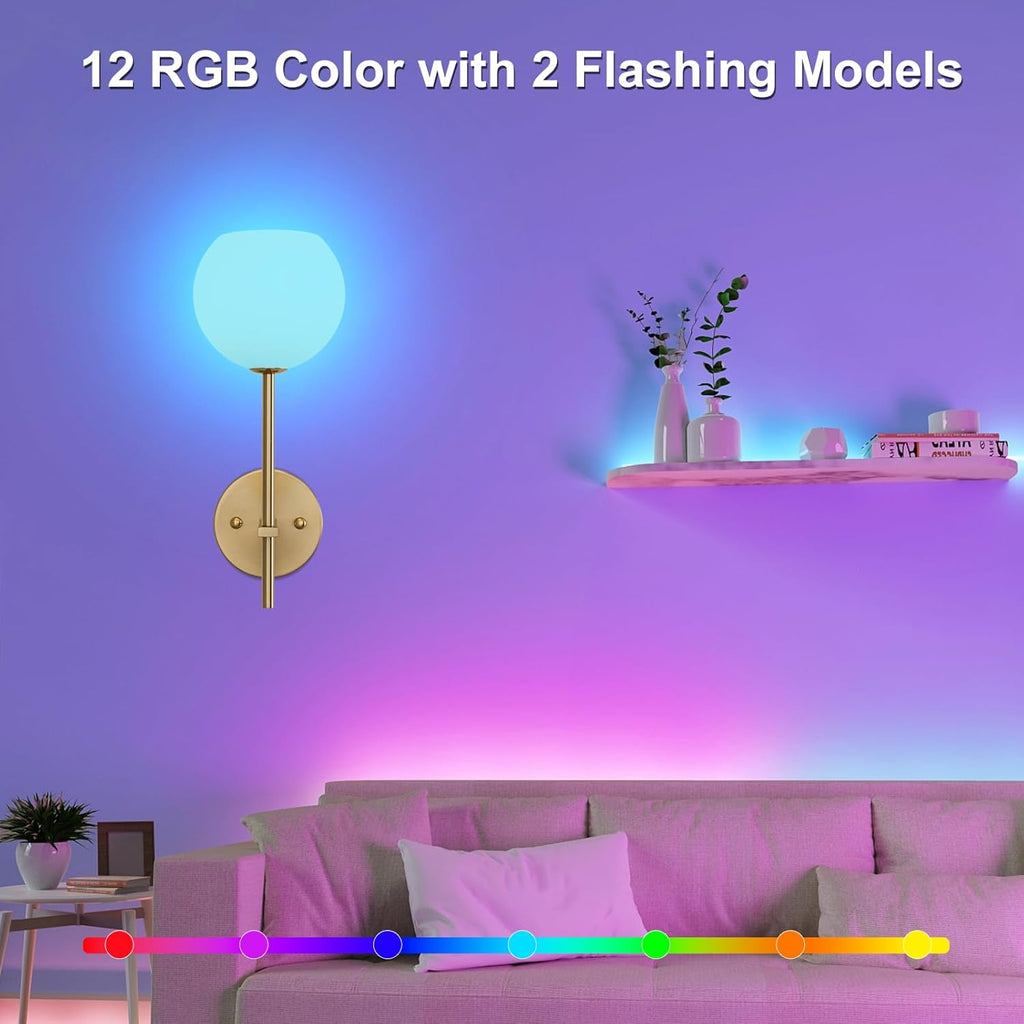 Gold Battery Operated Wall Sconces Set of 2, Rechargeable Wireless Wall Lights with Milky White Frosted Glass Shade