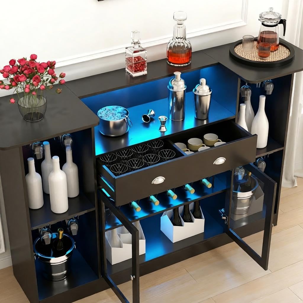 63" Coffee Bar Cabinet with Storage, Black Wine Cabinet with LED Lights | Bar Table with Storage Drawer & Glass