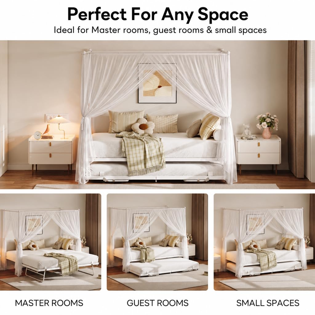 Twin Daybed with Trundle, Canopy Bed with Pop Up Trundle, White