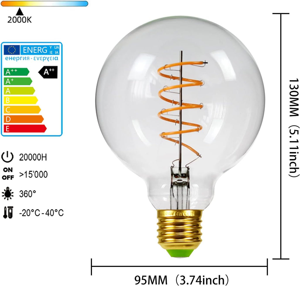 Edison Bulb Led Bulb Vintage 4W Dimmable 110-130V 2000Kelvin Super Yellow Warm Decorative Light Bulb (G30 Spiral