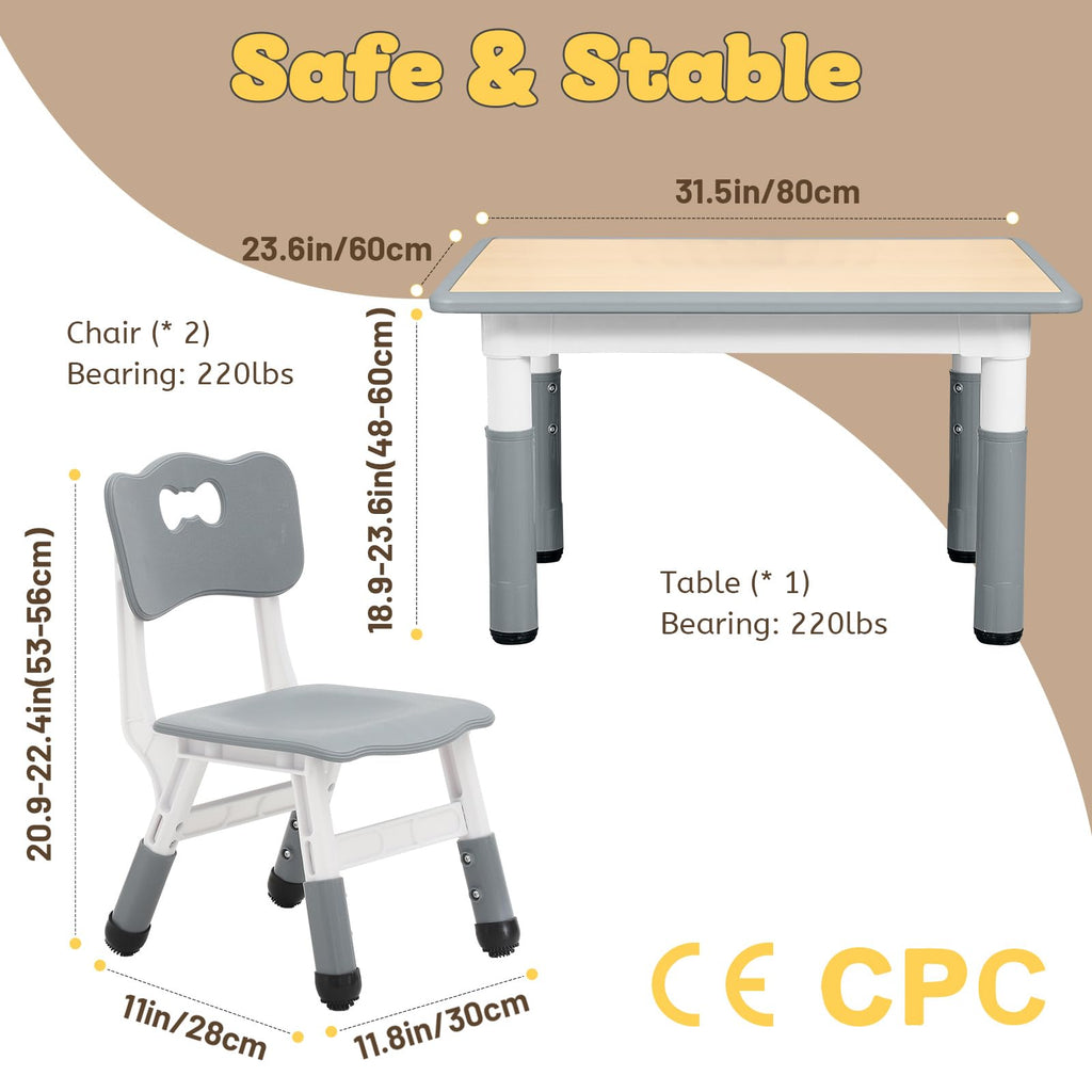 Kids Table and 2 Chairs Set for Ages 3-8, Height Adjustable Toddler Table and Chair Set, Easy to Wipe Arts & Crafts