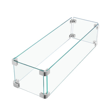 23.1"x 7.3"x 5.5" Rectangular Fire Pit Wind Guard, Transparent Tempered Glass, Polished Aluminum Brackets, 3M Anti-Slip