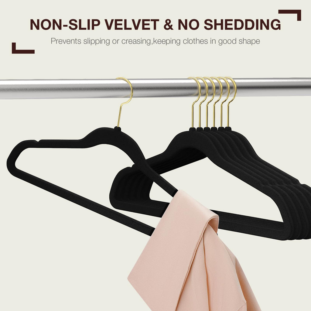 50 Pack Black Velvet Hangers, Felt Hangers with Gold 360°Swivel Hook, Coat Hanger Non Slip, Heavy-Duty, Space Saving, Slim