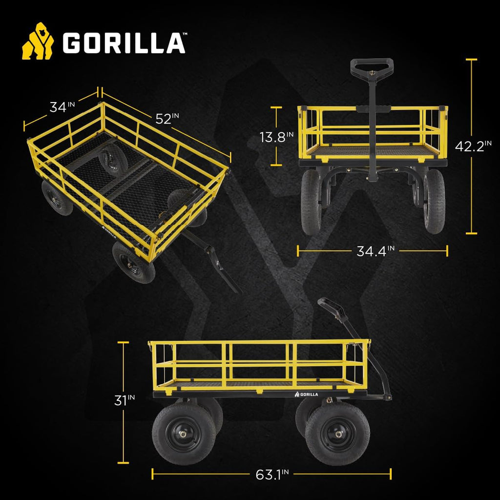 Steel Garden Cart, 4-Wheel Yard Cart, 1400 lb Capacity | Removable Sides, Convertible hand or tractor tow handle