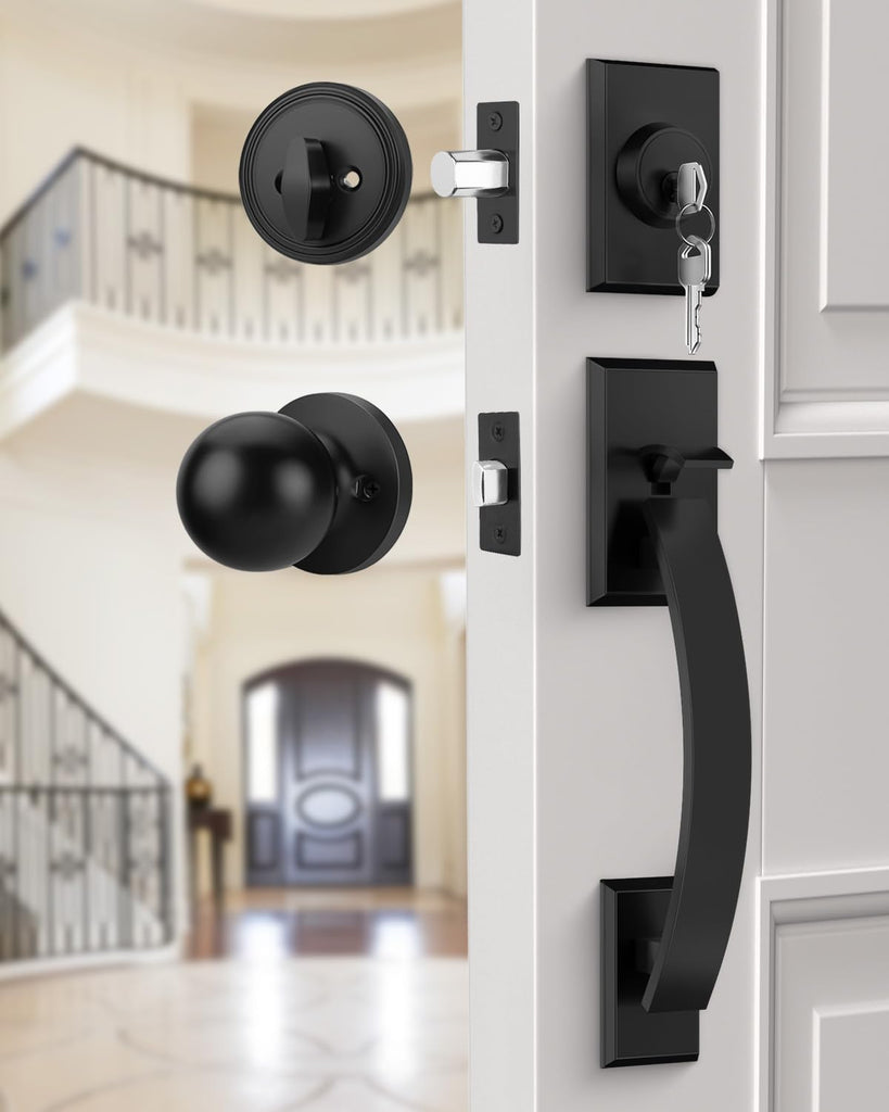 Front Door Handle and Deadbolt Set, Matte Black Front Door Knob