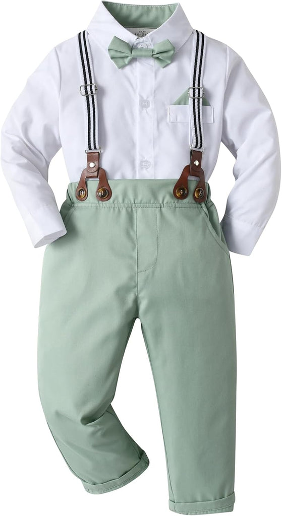 Baby Boys Pants Sets, Infant Long Sleeve Shirt + Pants + Bow Tie + Suspenders Outfits