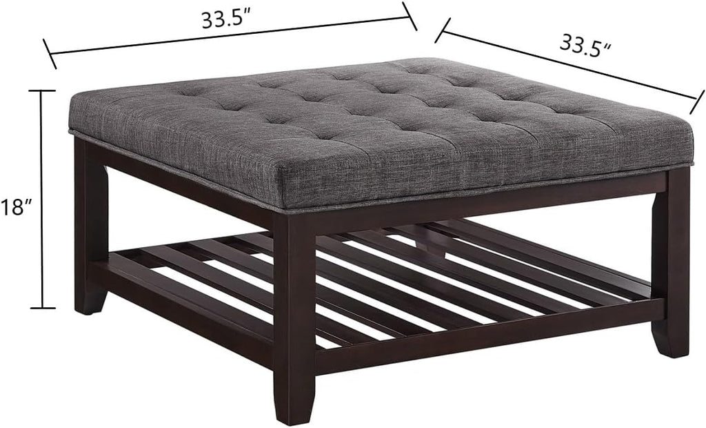 Large Square Upholstered Tufted Linen Ottoman Coffee Table, Large Footrest Ottoman with Solid Wood Shelf-Dark Gray