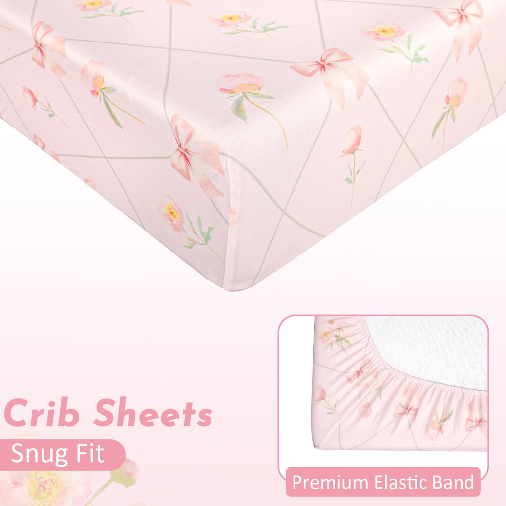 4-Piece Crib Bedding Set for Girls, Baby Nursery Bedding Sets Pink Includes Comforter, Fitted Crib Sheet, Crib Skirt