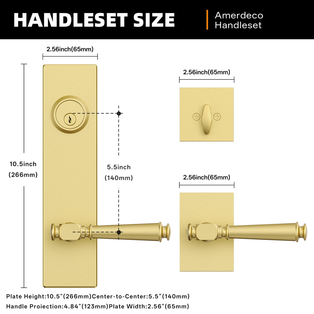 Brushed Gold Solid Heavy-Duty Front Door Handle Set with Deadbolt, Architectural Grade Modern Entry Door Lockset