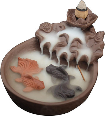 Two Fishes Ceramic Purple Clay Smoke Backflow Incense Cone Sticks Burner Holder - Set of 53