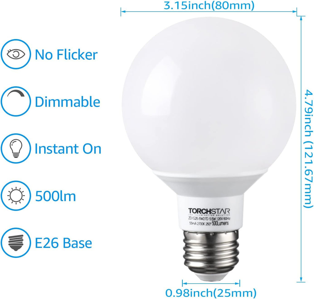 G25 LED Globe Light Bulbs, Dimmable, 2700K Soft White, Vanity Light Bulb, UL & Energy Star Listed, E26 Base, Pack of 6