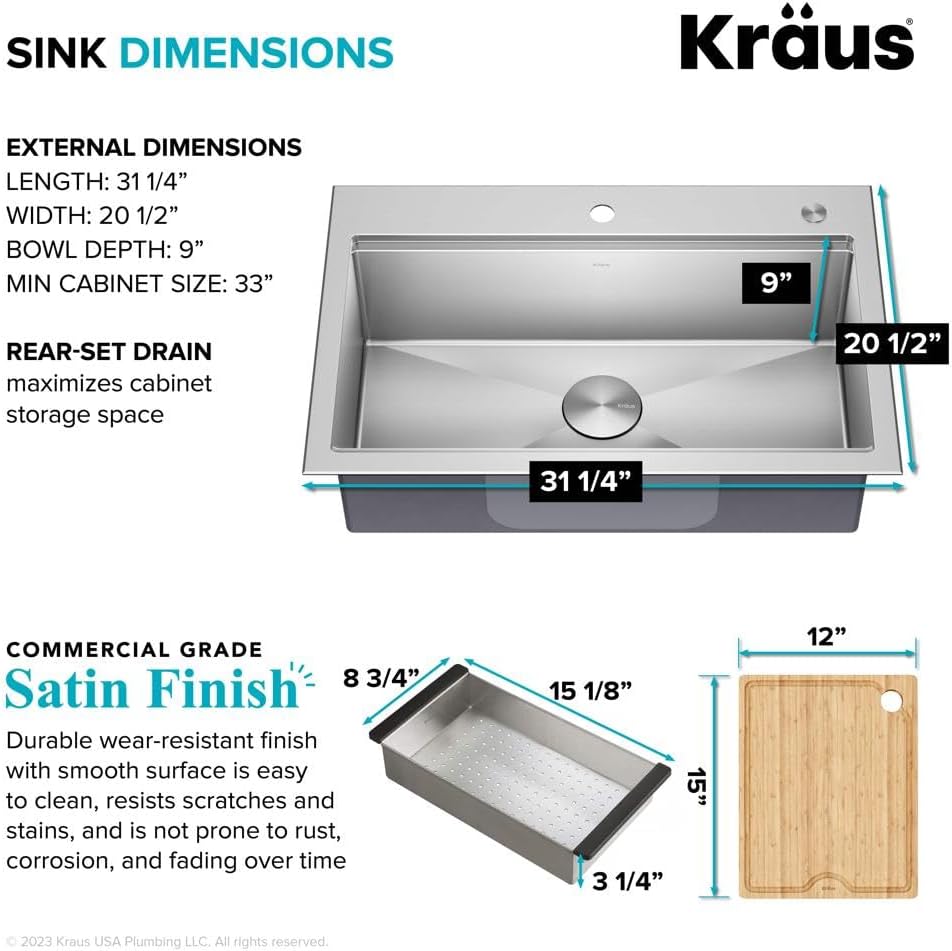 Kore 32-Inch Drop In/Undermount Workstation 18 Gauge Single Bowl Stainless Steel Kitchen Sink with Accessories