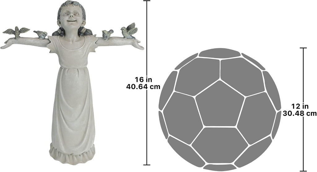 Basking in Glory Little Girl with Birds Outdoor Garden Statue, Medium, 16 inches tall, Cast Stone Resin, Two Tone
