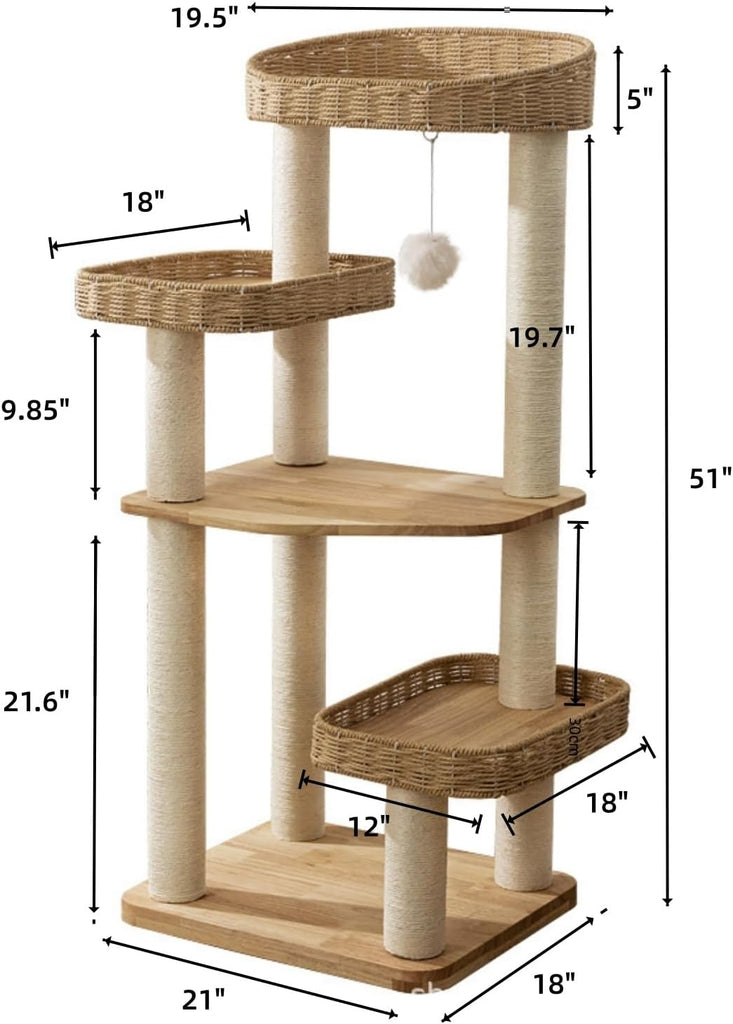 Modern Natural Wood Wooden Cat Tree Tower, 3 Large Rattan Wicker Basket Perch Beds with Cozy Cushion Sisal Scratching