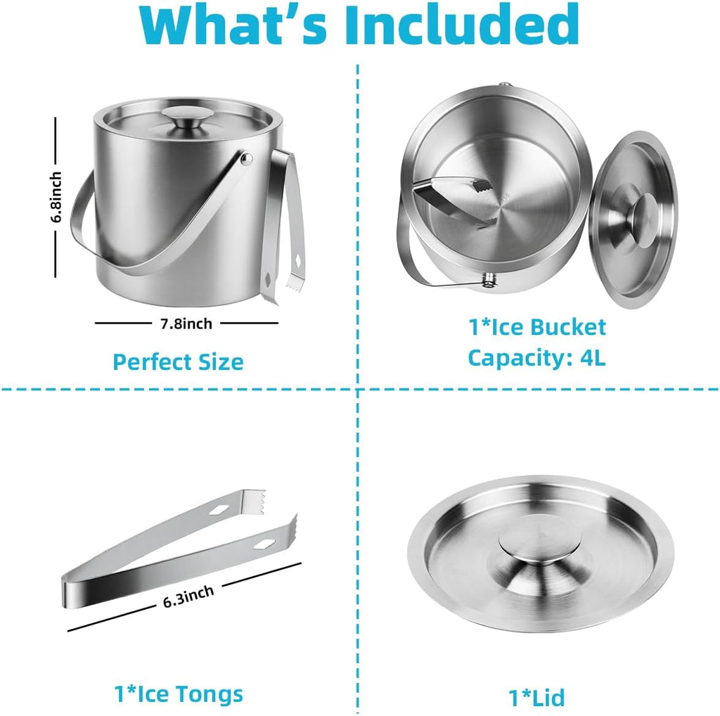 4L Double-Wall Stainless Steel Ice Bucket with Lid & Tongs