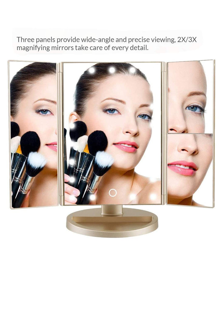 Trifold Makeup Mirror Vanity Mirror with Lights,1X 2X 3X Magnification,Touch Control,Adjustable Rotation,Dual Power