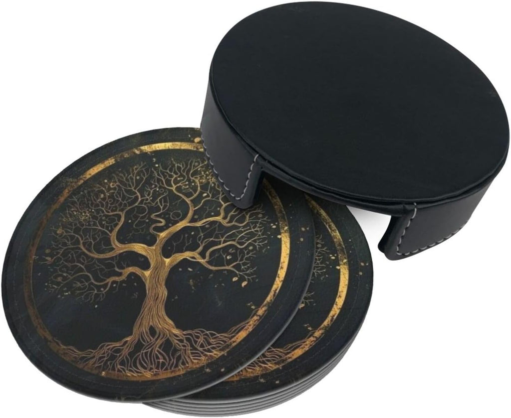 Drink Coasters with Holder Stand, Marble Gold Tree of Life Pu Leather Absorbent Coasters with Cork Base - Set of 6