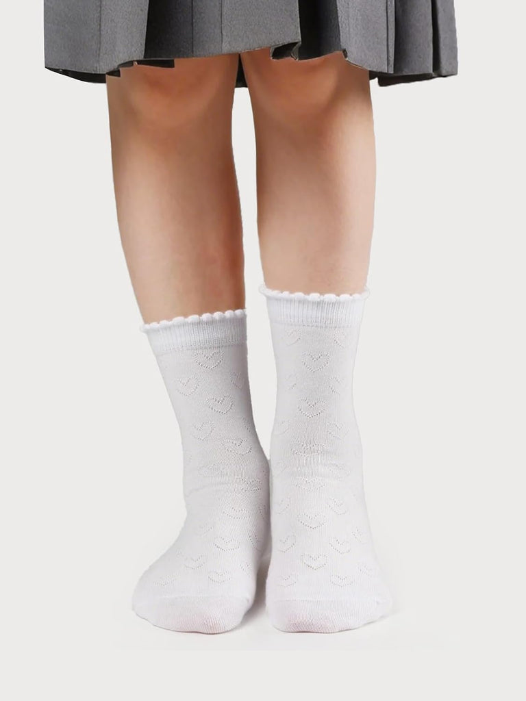 Kids Girls White Dressy Textured Thin Socks Scallop Top 5 Pack