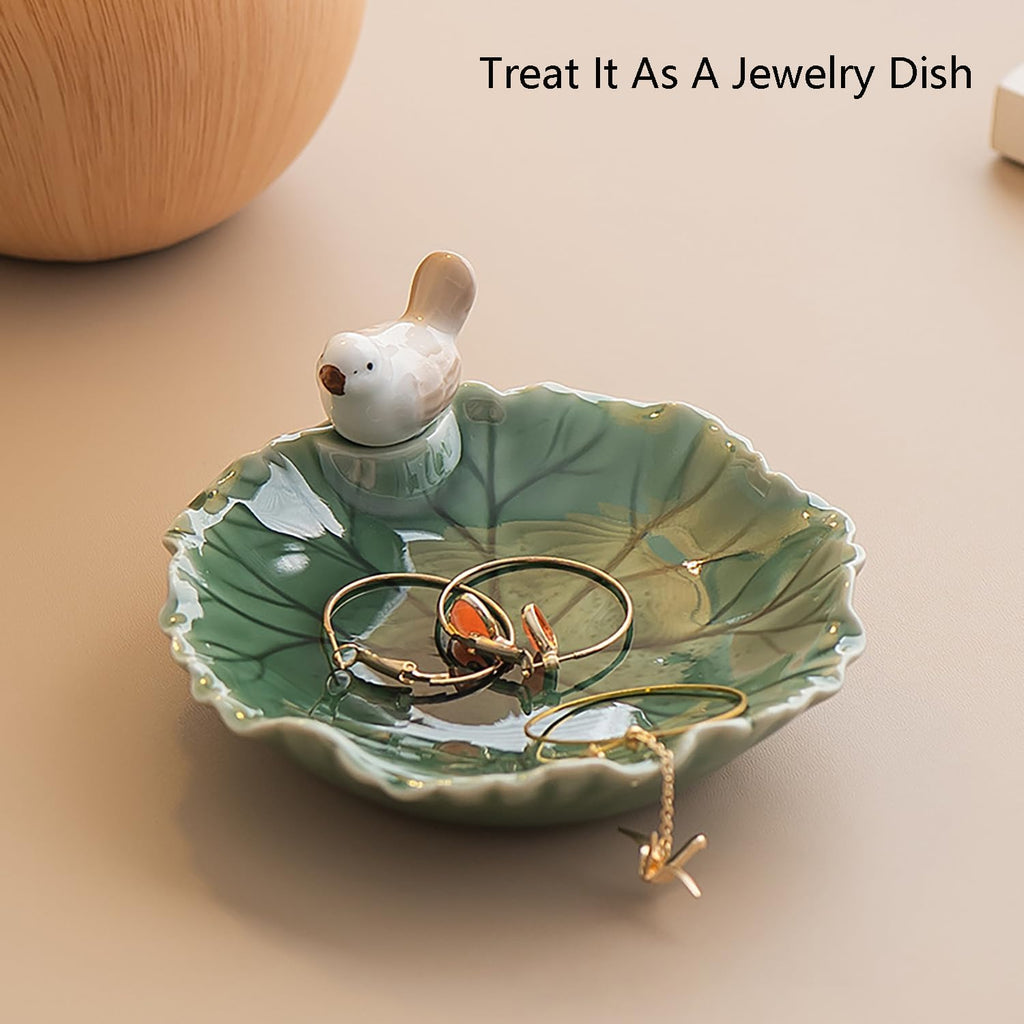 Cute Bird Lotus Ceramic Trinket Dish,Jewelry Ring Dish, Ceramic Trinket Tray, Key Bowl, Dessert Plate,Bathroom