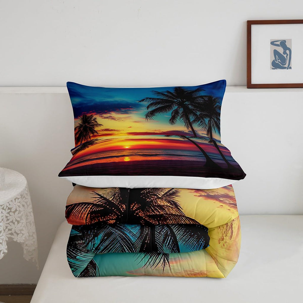Palm Leaf Comforter Set, Ocean Beach Down Comforter, Nature Theme Duvet Set, Sunset Bedding Set Decorative