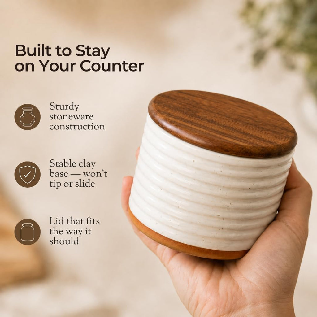 Ceramic Salt Cellar with Acacia Wood Lid & Natural Clay Base