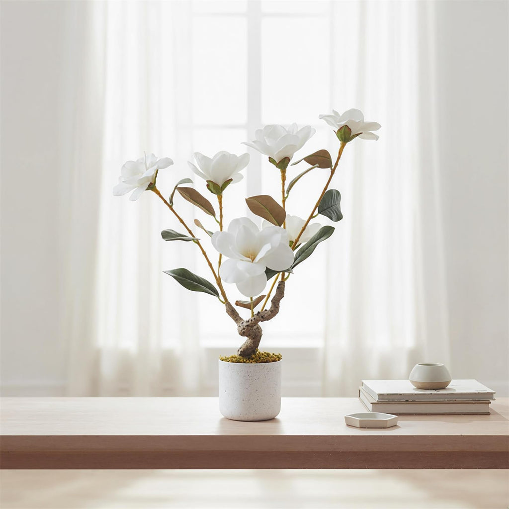 24" Artificial Magnolia Tree in White Planter, Realistic Magnolia Grandiflora with 6 Lifelike Flowers, Fake Potted