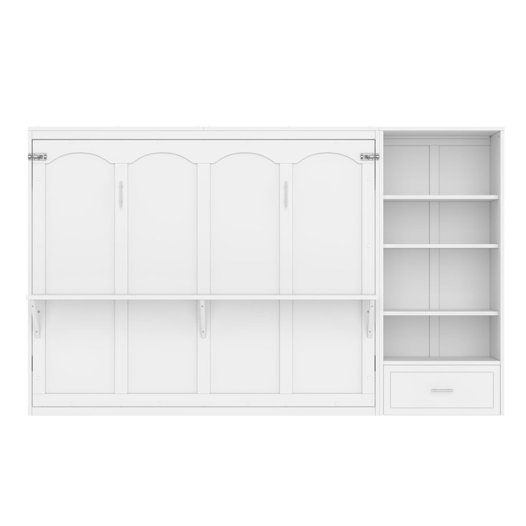 Queen Size Murphy Bed with Height Adjustable Storage Compartments and Shelf, Wall Bed Frame with 1 Drawer, Foldable