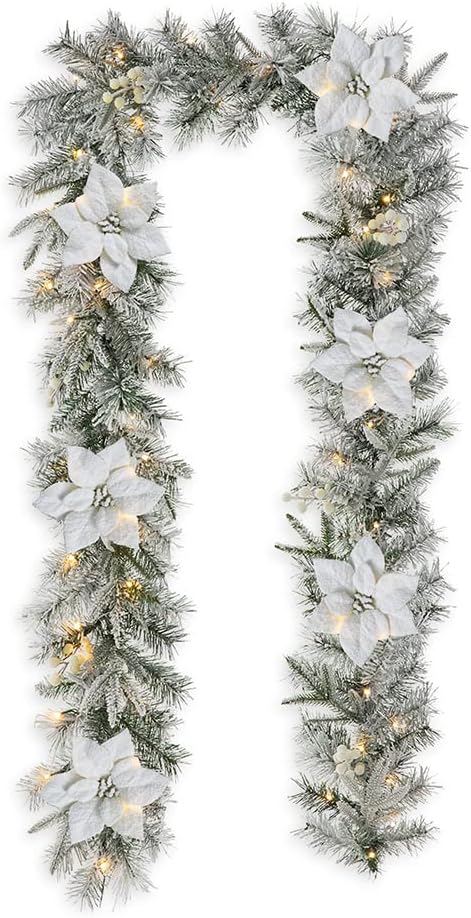 For Mantle, Pre-Lit Snow Flocked Greenery Garland Poinsettia Pine Garland with 50 Warm White Lights and Timer