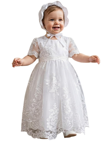 Girls Christening Baptism Dress, White Lace Embroidered Gown with Bonnet, Formal Ceremony Outfit (, 03White)