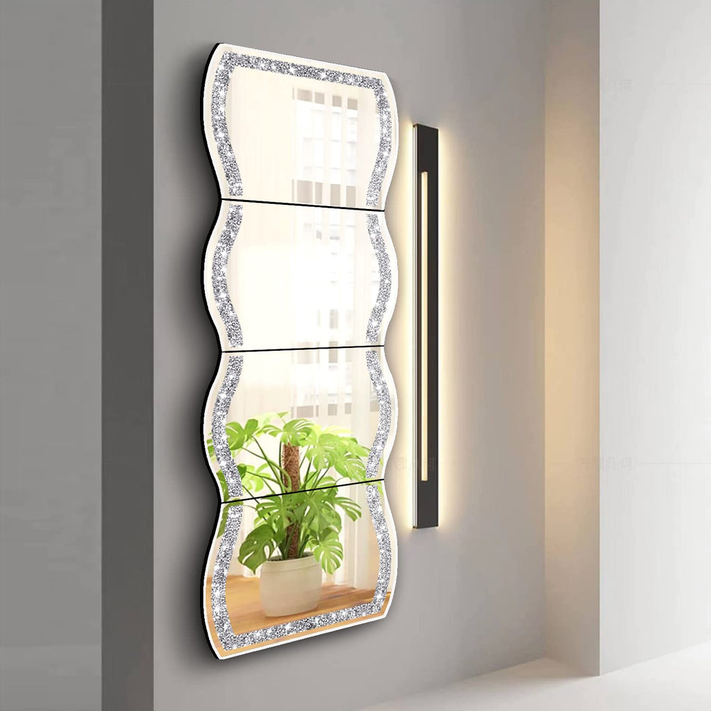 Wave Pattern Crushed Diamond Body Mirror Set - 4pcs 11x15 inch Dressing & Makeup Mirror for Decor, Gym, Door (11x15