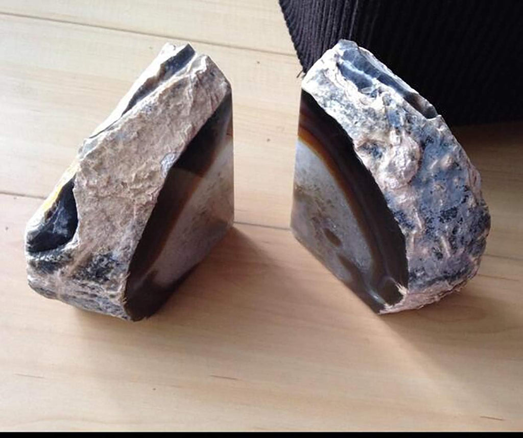 Natural Agate Geode Bookends Anti-Slip Rubber Bumpers 1 Pair 4-6Lbs | Heavy Duty Crystal Book Stoppers Cute Crystal