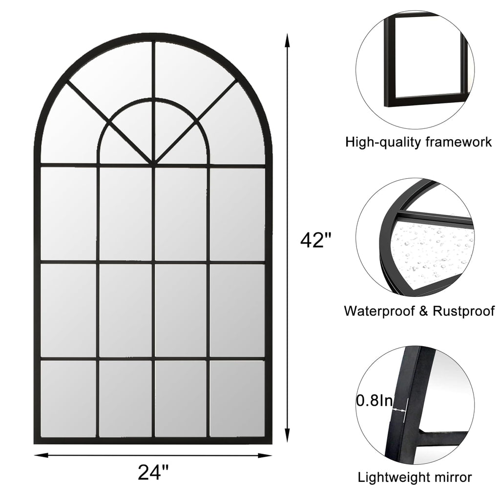 Arched Wall Mirror, 42"x24" Metal Frame Windowpane Mirror, Black