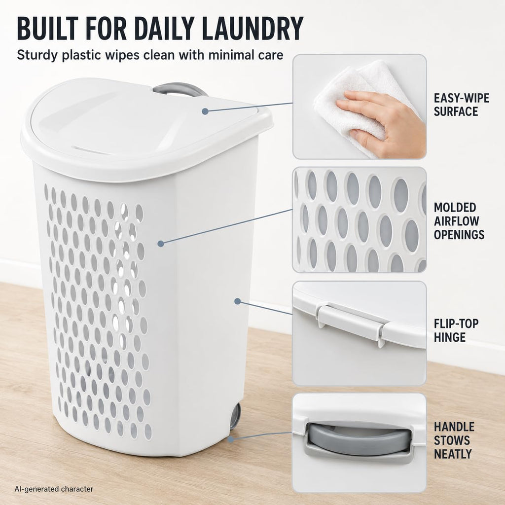 White Rolling Laundry Hamper with Wheels & Handle, 2 Bushel