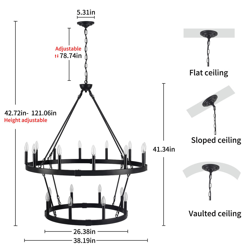 Inspired Camino Style Chandelier - Two Tier Wagon Wheel, 20-Light Black Farmhouse Chandelier W38" x H41"