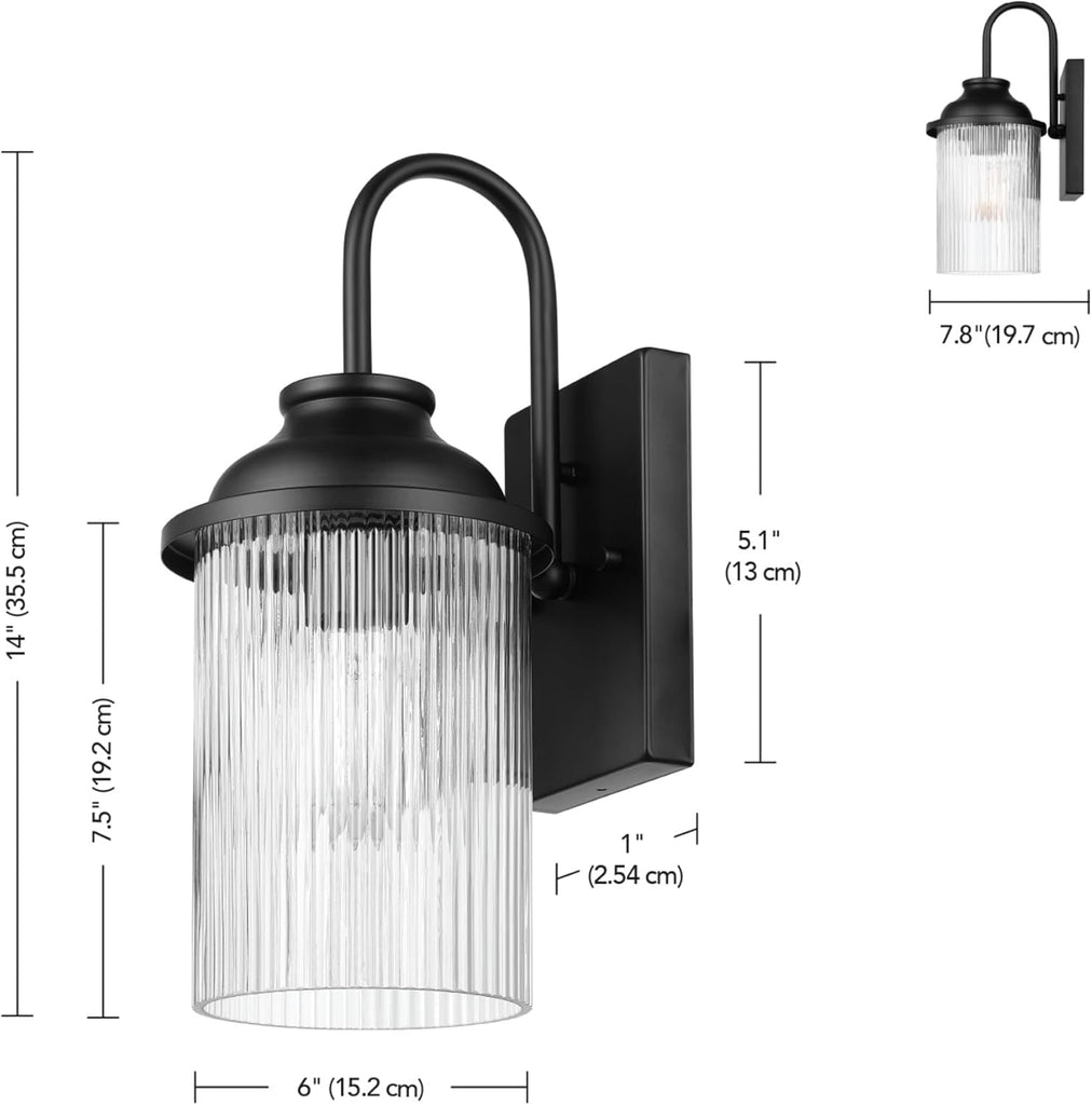 1-Light Outdoor Wall Sconce, Matte Black, Ribbed Glass Shade, Porch Light, Wall Lights for Living Room, Patio Decor, Apartment Essentials, Outside House Lights A123-B0C8ZLLXF6