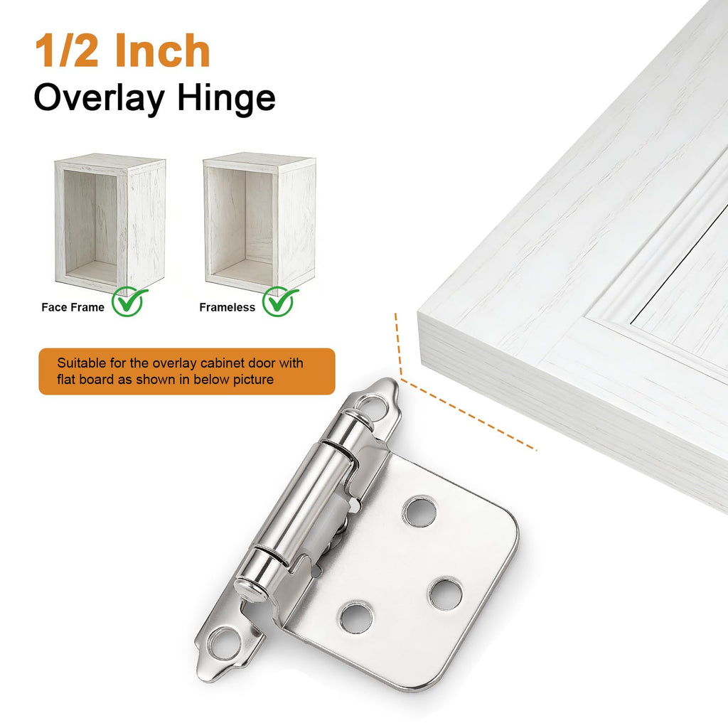 50 Pack (25 Pairs) Brushed Nickel Cabinet Hinges, 1/2" Overlay (Variable) Hinges Cabinets, Decorative Self Closing