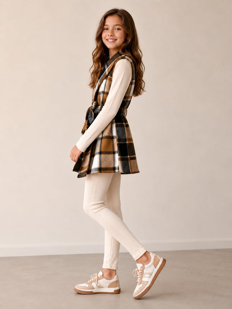 Tween Girls Clothes 3 Piece Outfits Plaid Flannel Belted Vest & Long Sleeve Top and Pants- Fall Clothing Sets