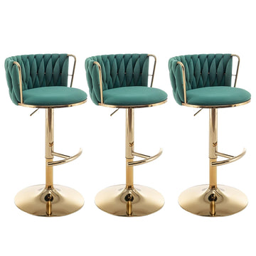 Velvet Bar Stools Set of 3, Counter Height Bar Chairs with Low Back, Gold Swivel Bar Stools Island, Pub (Green)