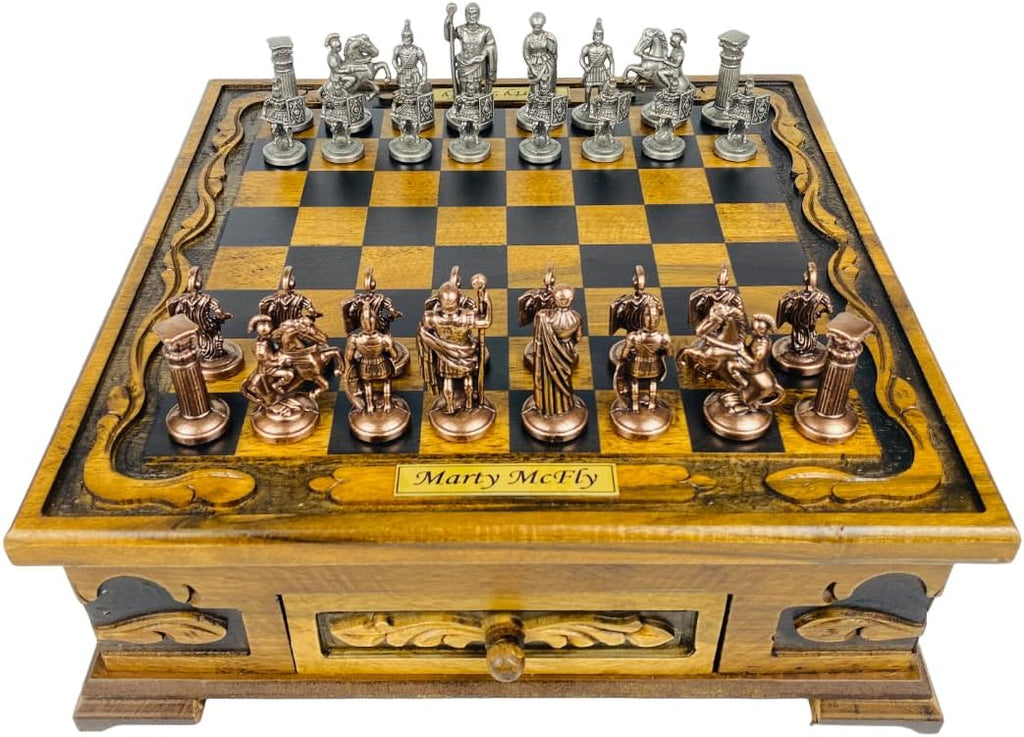 Handcrafted Roman Empire Themed Chess Set with Storage Drawer- 14 inch Customizable Wooden Chessboard- Cast Metal