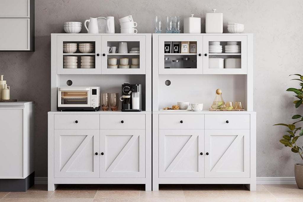 Kitchen Pantry Cabinet with Microwave Stand, Freestanding Hutch Cabinet with Buffet Cupboard, Tall Kitchen Cabinets