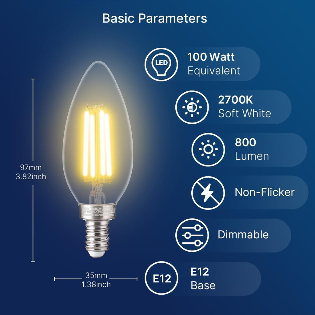 100W Equivalent LED Candelabra Bulbs, 800LM Dimmable B11 E12 LED Chandelier Light Bulbs, 5.5W, 2700K Soft White, 6