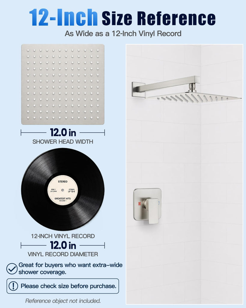 12 Inch Square Rain Shower Faucet Set with Valve, Brushed Nickel
