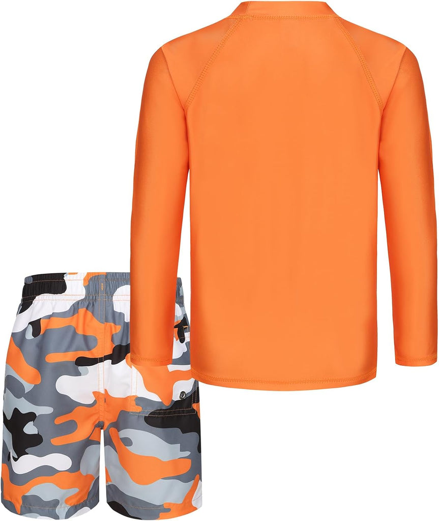 Boys Two Piece Rash Guard Swimsuits Set with Swim Trunk Kids Long Sleeve Bathing Suit Swimwear Set