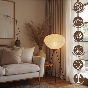 Noguchi Japanese Rice Paper Floor Lamp • 3000K Akari Standing Light Bedroom, Modern Paper Lamp Design, Warm White